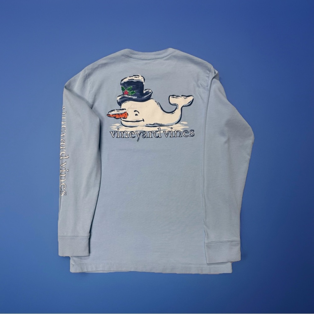 Vineyard Vines Snowman Shirt Christmas Whale Boys Size M Blue Long Sleeve Pocket